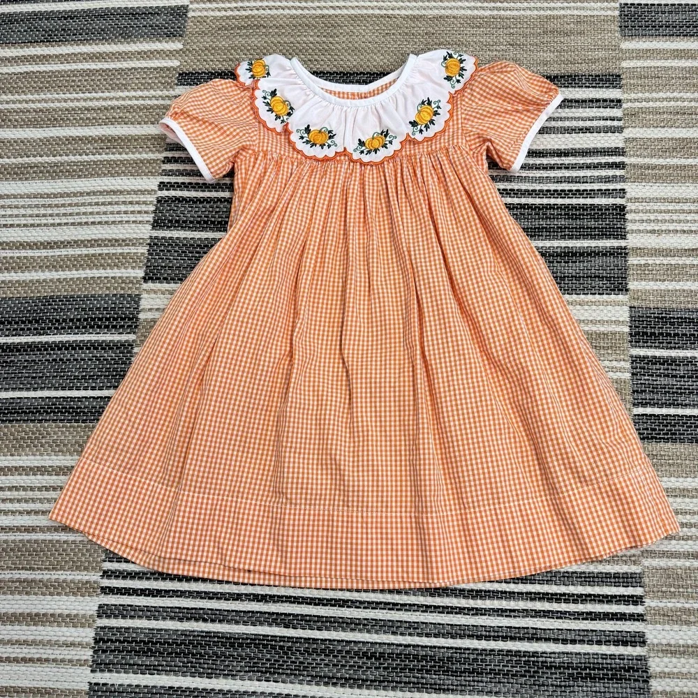 Addie & Hadlie Dress Girls 4T Orange Gingham Pumpkin Embroidered Fall Holiday